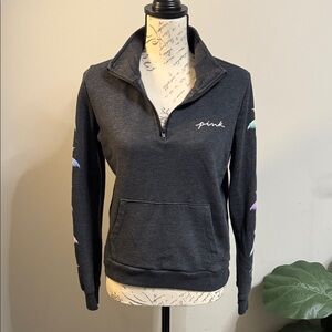 Victoria’s Secret PINK Sweatshirt Small Quarter Zip Gray Palm‎ Graphic Pullover